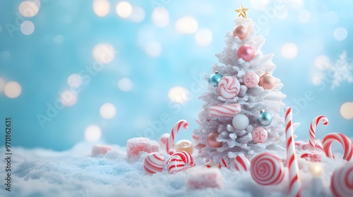 Christmas tree decorated with pink and white candy canes, baubles, and frosted snow sits against a soft blue background. Presents wrapped in pink and red rest underneath, enhancing the holiday spirit.