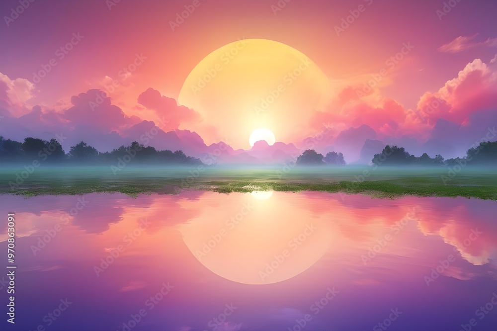 Fototapeta premium Radiant Sunrise Reflections – Tranquil Landscape Art with Dreamy Colors