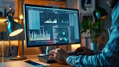 Wallpaper Mural Mastering the Data Stream: A financial analyst deciphers complex market trends, illuminated by the warm glow of a home office, showcasing the dedication and expertise of modern professionals.  Torontodigital.ca