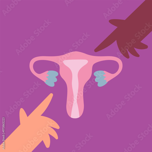 Healthy female reproductive system with different nationalities hands. Female anatomy. Picture with uterus and cervix, ovaries. Flat vector illustration for postcard, banner, sticker.