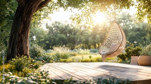 A 3D render of an old wooden terrace with wicker swing tied to a tree with blurry nature background.