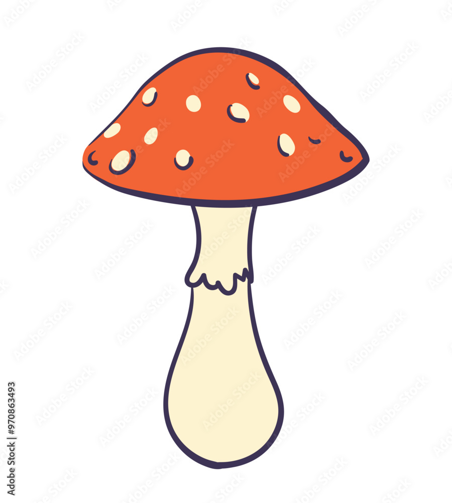 Vector hand drawn cartoon fly agaric mushroom. Poisonous red mushroom amanita. Vector illustration on white background. Vector hand drawn cartoon fly agaric mushroom. Poisonous red mushroom amanita. Vector illustration on white background.