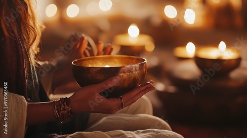 A close-up of a gentle sound healing session with rhythmic tones, soft and peaceful background,
