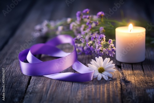 A candle and a purple ribbon placed on a table, highlighting the critical conversation surrounding overdose awareness. photo