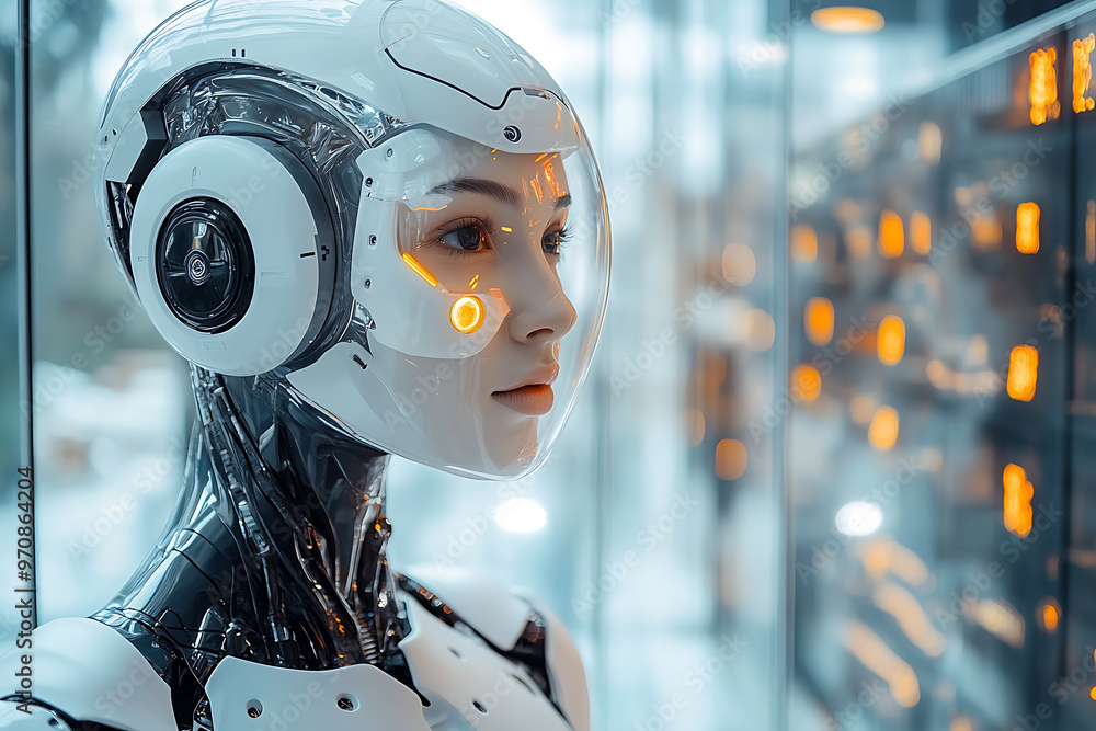 Fototapeta premium A representation of online platforms and marketplaces used to advertise and attract attention to innovative beauty products and services involving robots, ideal for newsletters and marketing campaigns