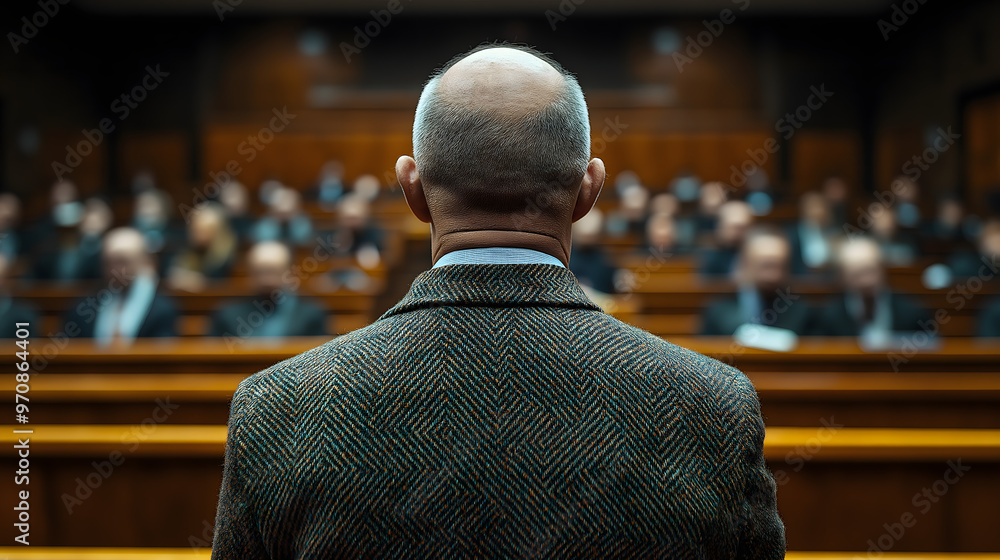 a lecture for managers, the speaker is turned to them, he has bald head a lecture for managers, the speaker is turned to them, he has bald head