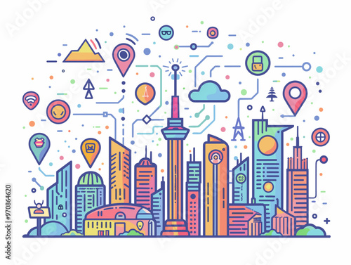 Vector Illustration of Smart Cities: A City Skyline with Interconnected Sensors for Urban Planning