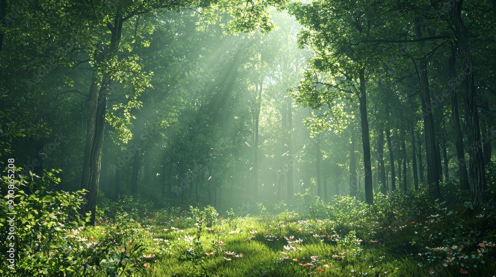 Fototapeta premium Sunbeams Through Lush Forest Canopy