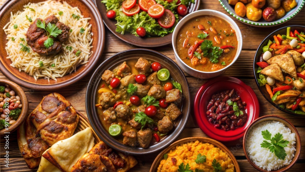 Delicious spread of traditional dishes including rice, stews, salads, and savory pastries on a wooden table Delicious spread of traditional dishes including rice, stews, salads, and savory pastries on a wooden table