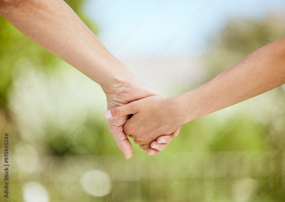 Holding hands, nature and family in park, walk and parent with child, trust and bonding with love. Outdoor, person and together with kid, break and closeup with affection, garden and care in weekend Holding hands, nature and family in park, walk and parent with child, trust and bonding with love. Outdoor, person and together with kid, break and closeup with affection, garden and care in weekend