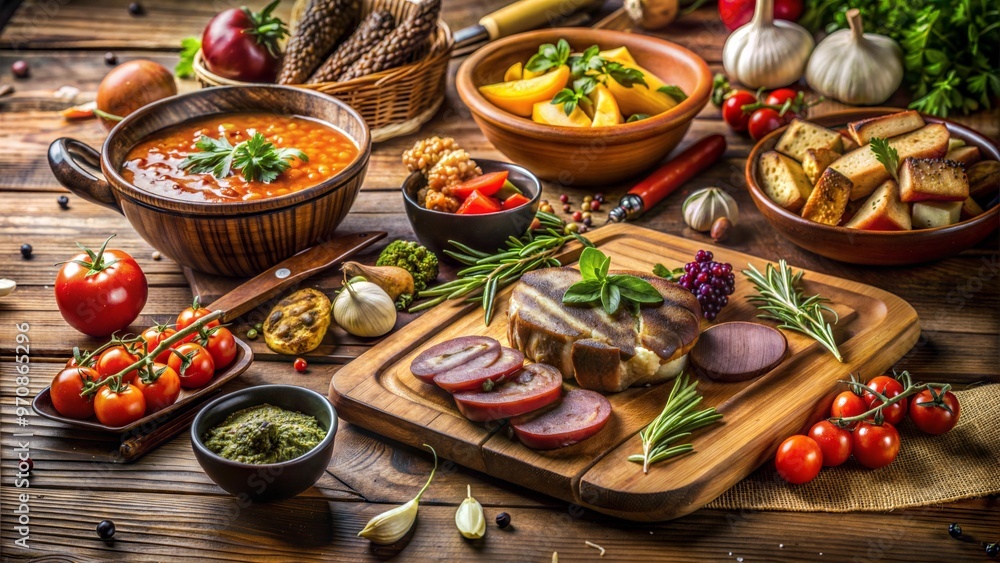 Rustic spread of hearty dishes including meats, vegetables, sauces, and fresh herbs on a wooden table Rustic spread of hearty dishes including meats, vegetables, sauces, and fresh herbs on a wooden table