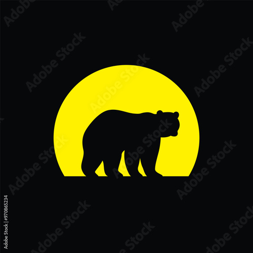 Silhouette of a bear against a striped retro sunset. Original vector illustration in vintage style isolated on light background. T-shirt design.