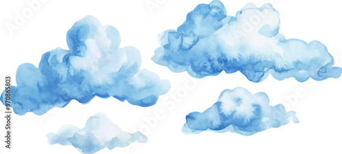 Watercolor blue clouds clipart, white background
