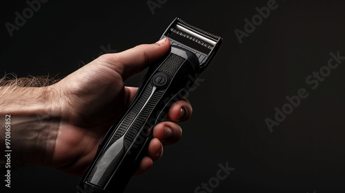 Man holding a sleek grooming trimmer with a black background, ideal for personal hair maintenance at home