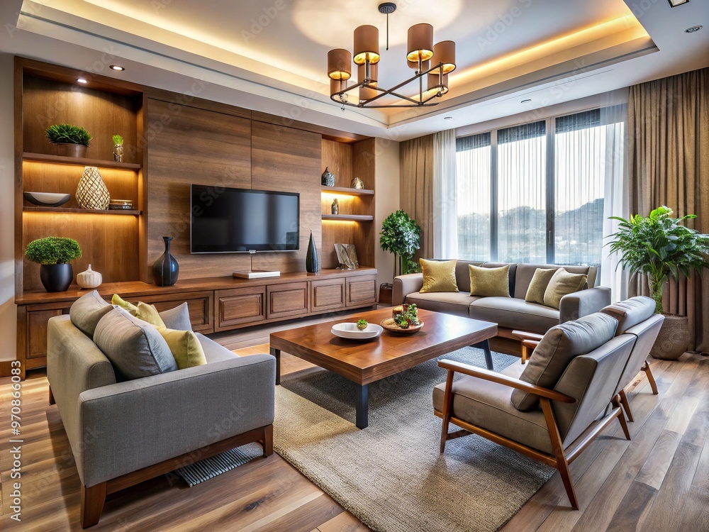 Cozy modern living room with sleek wall-mounted flat screen television above a wooden console table, surrounded by comfortable plush couch and armchairs. Cozy modern living room with sleek wall-mounted flat screen television above a wooden console table, surrounded by comfortable plush couch and armchairs.