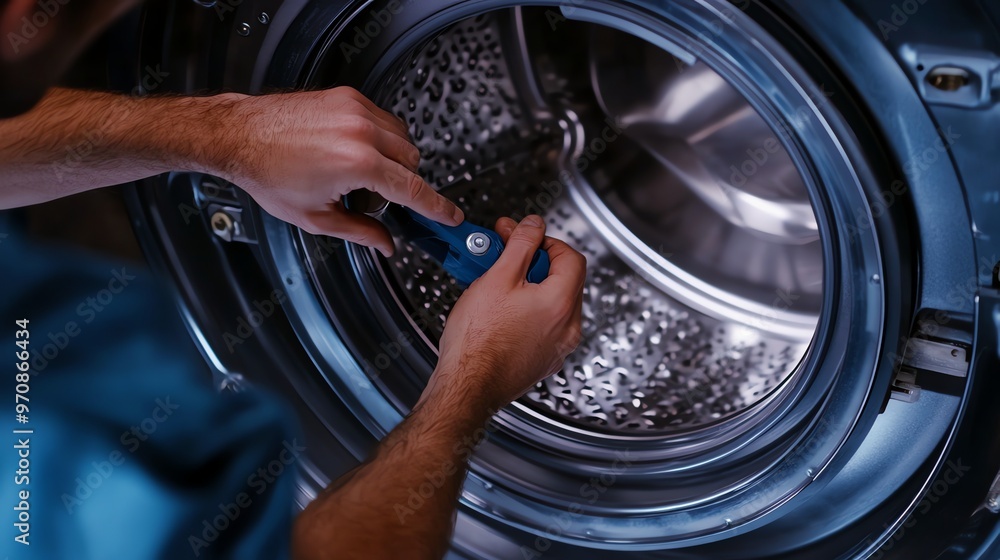 A repairman is working on a washing machine. A repairman is working on a washing machine.