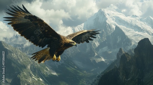 Golden Eagle Soaring Over Majestic Mountains