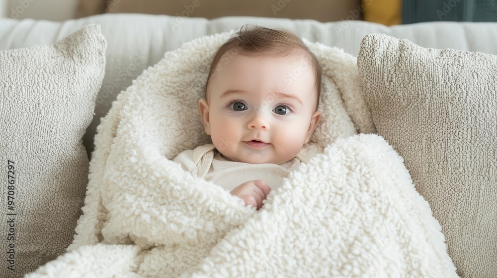 Baby bundled in a fluffy blanket, snuggled on a couch with cozy cushions, Infant coziness, home comfort, warmth Baby bundled in a fluffy blanket, snuggled on a couch with cozy cushions, Infant coziness, home comfort, warmth