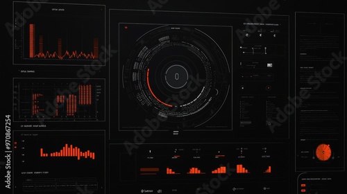 A futuristic head-up display with digital data telemetry information displayed on a digital background computer desktop