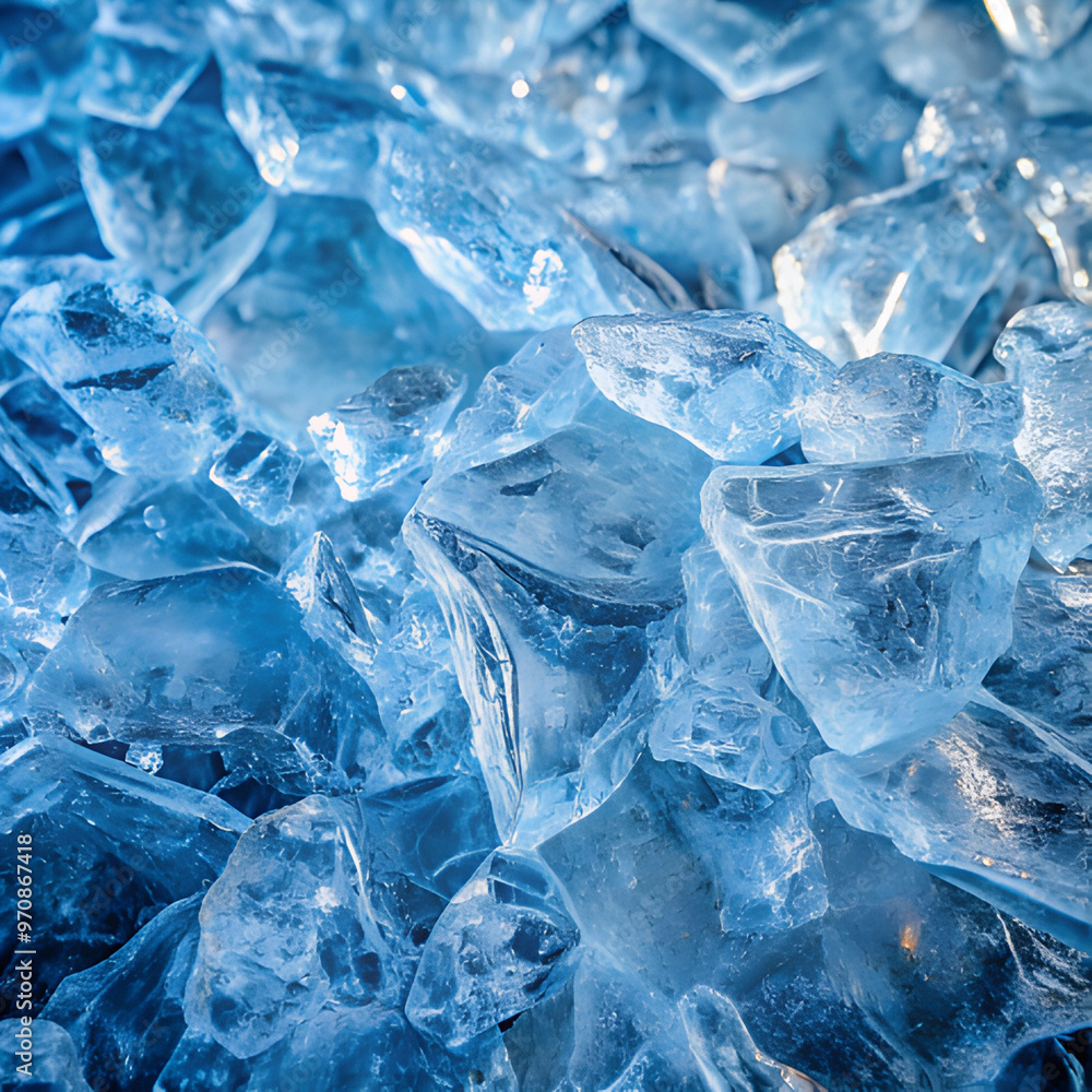 Macro shot of clear ice fragments with sparkling reflections, cold atmosphere, copy space
