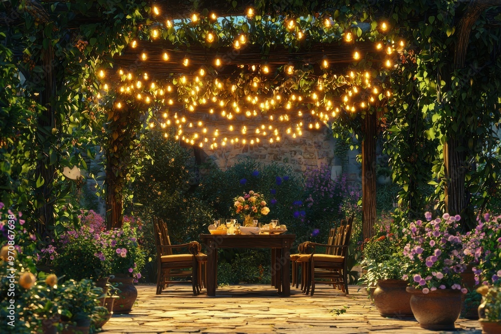 Fototapeta premium Alfresco dining area with modern patio and fairy lights