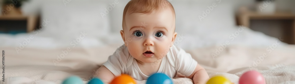 Baby looking curiously at colorful toys while lying on a cozy bed, Infant play, home warmth, discovery Baby looking curiously at colorful toys while lying on a cozy bed, Infant play, home warmth, discovery