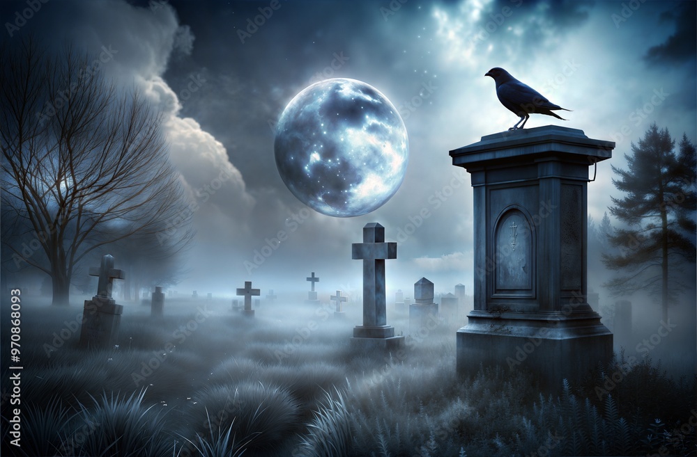 Gothic Cemetery Scene with Crosses, Full Moon, and Raven on Monument, Gloomy Halloween Background Gothic Cemetery Scene with Crosses, Full Moon, and Raven on Monument, Gloomy Halloween Background