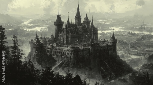 Wallpaper Mural Dark Castle on Hilltop with Foggy Landscape Torontodigital.ca