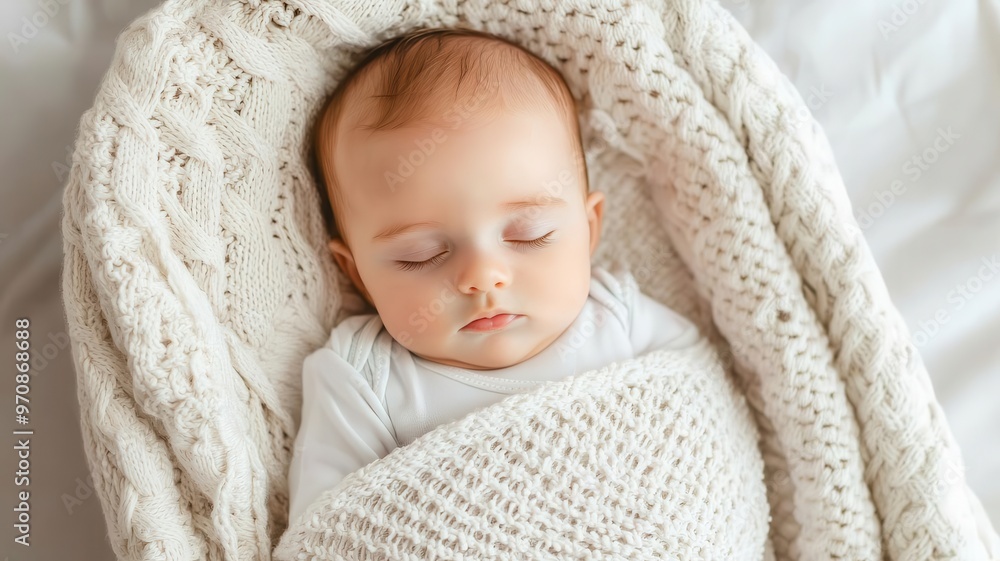 Newborn baby being gently rocked in a cozy bassinet, wrapped in a warm blanket, Baby rest, comfort, security Newborn baby being gently rocked in a cozy bassinet, wrapped in a warm blanket, Baby rest, comfort, security