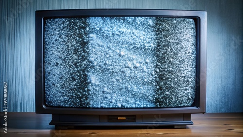 Flickering analog TV screen displaying distorted, fuzzy, and snowy reception due to electromagnetic interference, poor signal strength, and faulty aerial connections. photo