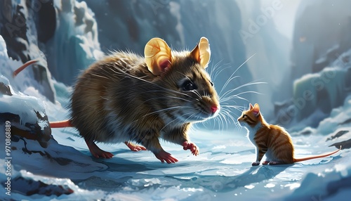 Comical mouse escapade guiding a cat through a frosty landscape of flavors in a humorously thrilling escape photo