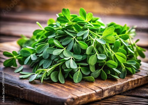 Fresh green fenugreek leaves known as kasoori methi, commonly used in Indian cuisine, scattered on a wooden table, with a soft focus background. photo