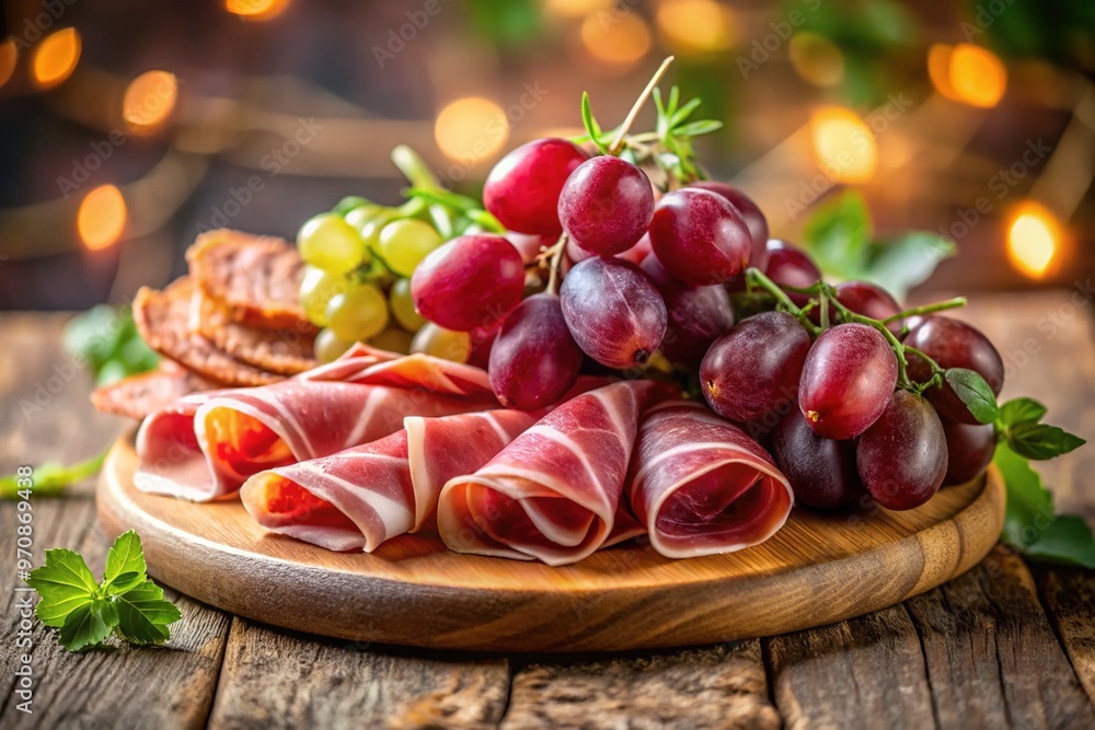 Freshly sliced prosciutto, salami, and ham arrange on a rustic wooden board, garnished with grapes and eucalyptus, against a soft, blurred background. Freshly sliced prosciutto, salami, and ham arrange on a rustic wooden board, garnished with grapes and eucalyptus, against a soft, blurred background.