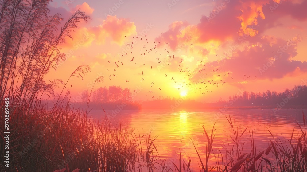 Sunset over Calm Lake with Birds Flying Sunset over Calm Lake with Birds Flying