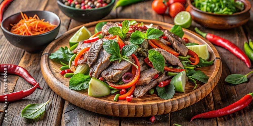 Freshly prepared spicy Lao beef salad with grilled strips of beef, crunchy vegetables, and fragrant herbs, served on a traditional wooden platter. Freshly prepared spicy Lao beef salad with grilled strips of beef, crunchy vegetables, and fragrant herbs, served on a traditional wooden platter.