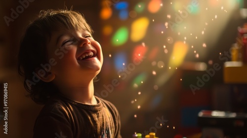 A childa's face lighting up with a smile while playing with a toy, pure happiness. photo