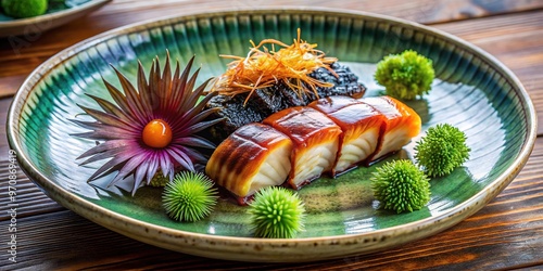 Freshly prepared Japanese-inspired dish featuring succulent unagi eel and vibrant sea urchin sashimi, garnished with delicate seaweed and served on a pristine ceramic plate. photo