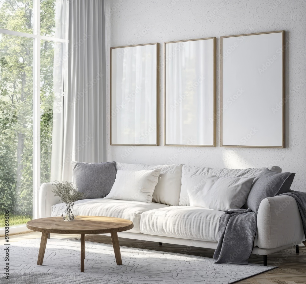 Fototapeta premium Mockup of a poster frame in a minimalist modern living room interior with a Scandinavian style background in 3D