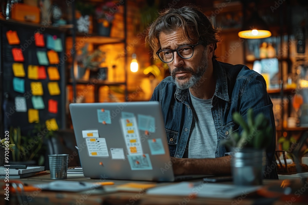 Ultra-sharp photo of a business developer using a Kanban board on a laptop, highlighting agile development and lean project management. Ultra-sharp photo of a business developer using a Kanban board on a laptop, highlighting agile development and lean project management.