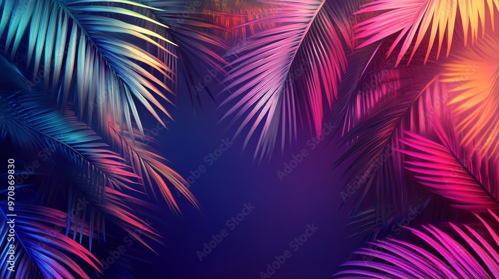 Tropical palm leaves in a vibrant, iridescent color scheme against a pink and blue gradient background. Tropical palm leaves in a vibrant, iridescent color scheme against a pink and blue gradient background.