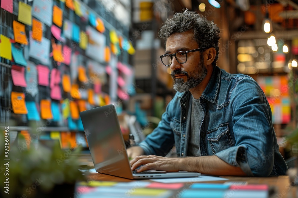 Ultra-sharp photo of a business developer using a Kanban board on a laptop, highlighting agile development and lean project management. Ultra-sharp photo of a business developer using a Kanban board on a laptop, highlighting agile development and lean project management.