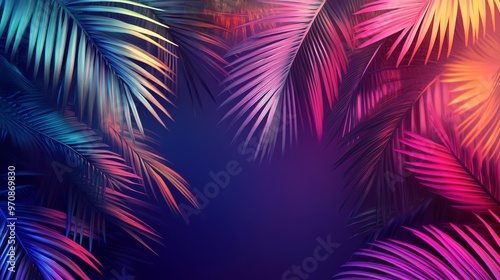 Tropical palm leaves in a vibrant, iridescent color scheme against a pink and blue gradient background.