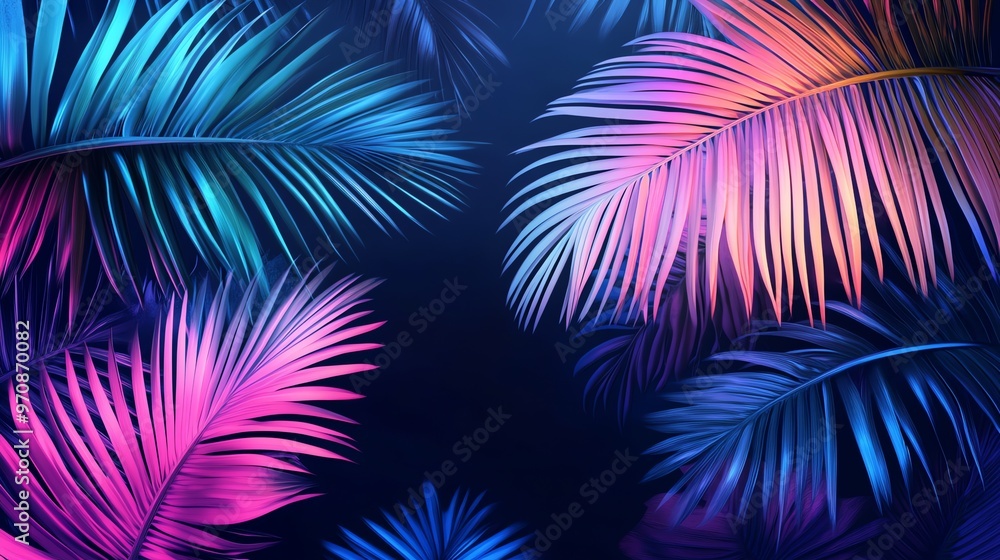 Tropical leaves illuminated in bright neon colors. Tropical leaves illuminated in bright neon colors.