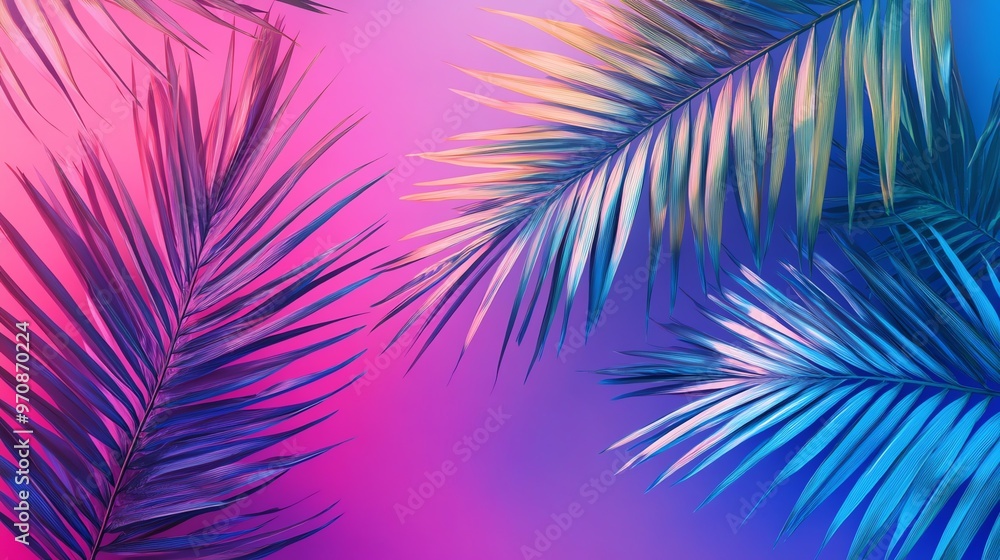 Vibrant tropical leaves with neon colors on a purple, pink, and yellow gradient background. Vibrant tropical leaves with neon colors on a purple, pink, and yellow gradient background.