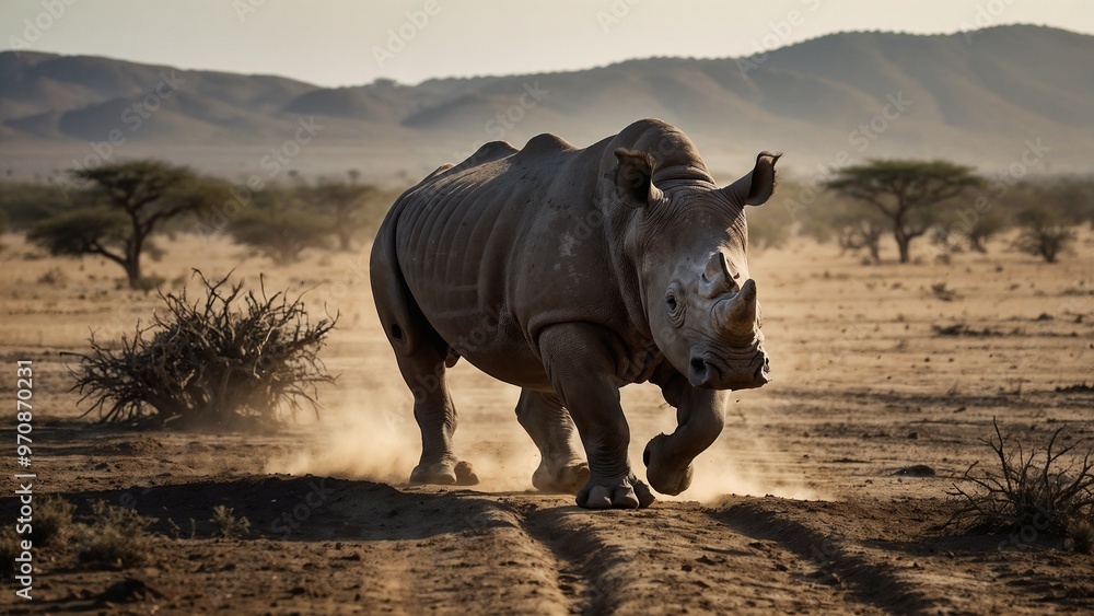 Fototapeta premium Powerful rhinoceros walking through dusty savanna in golden sunlight