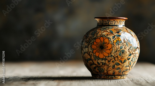 A close-up of a beautifully decorated ceramic vase with a floral design, standing on a rustic wooden surface.