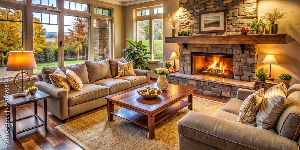 Snuggle up on a plush couch amidst the warmth of a fireplace, surrounded by soft texture and soothing Snuggle up on a plush couch amidst the warmth of a fireplace, surrounded by soft texture and soothing