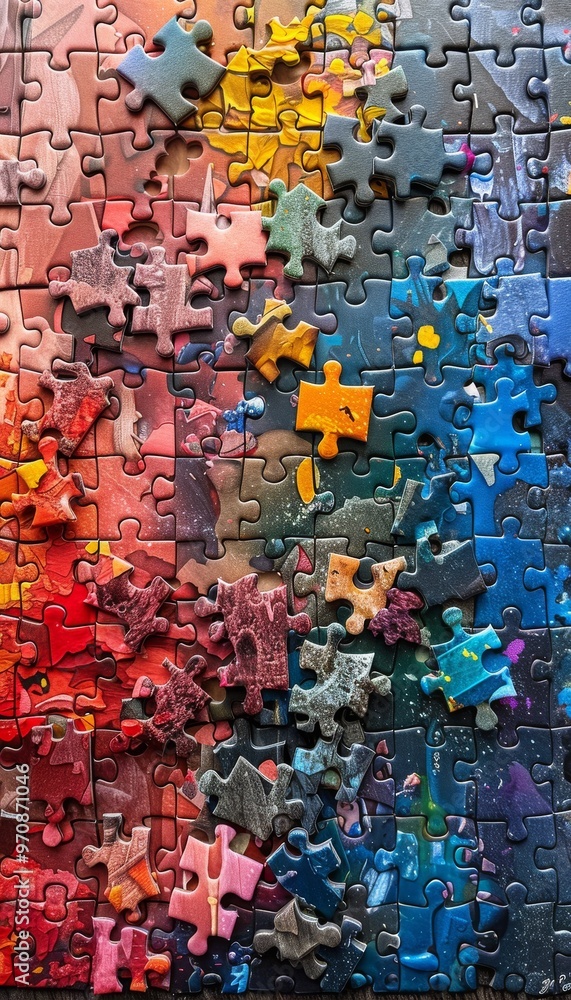 Ultra-sharp top-down photo of bright puzzle pieces spread out, symbolizing World Autism Awareness Day with a focus on inclusion and celebrating differences Ultra-sharp top-down photo of bright puzzle pieces spread out, symbolizing World Autism Awareness Day with a focus on inclusion and celebrating differences