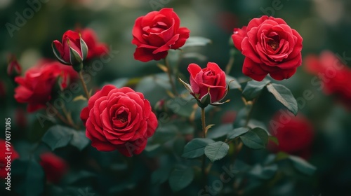 A vibrant arrangement of red roses in full bloom, showcasing their rich color and delicate petals against a lush background.