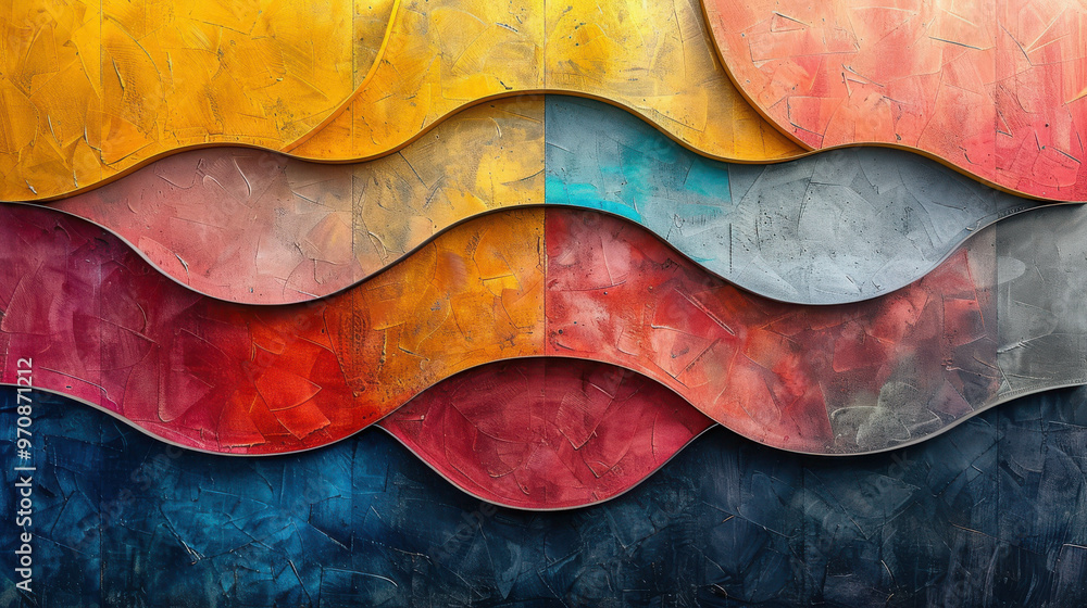 A colorful painting of a wave with a blue and yellow stripe. The painting is abstract and has a lot of different colors A colorful painting of a wave with a blue and yellow stripe. The painting is abstract and has a lot of different colors